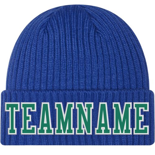 Custom Royal Kelly Green-White Stitched Cuffed Knit Hat