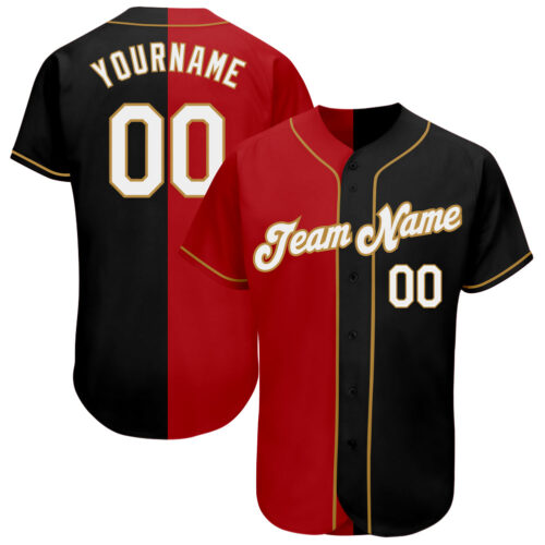 split_0015 Custom Black White-Red Old Gold Authentic Split Fashion Baseball Jersey