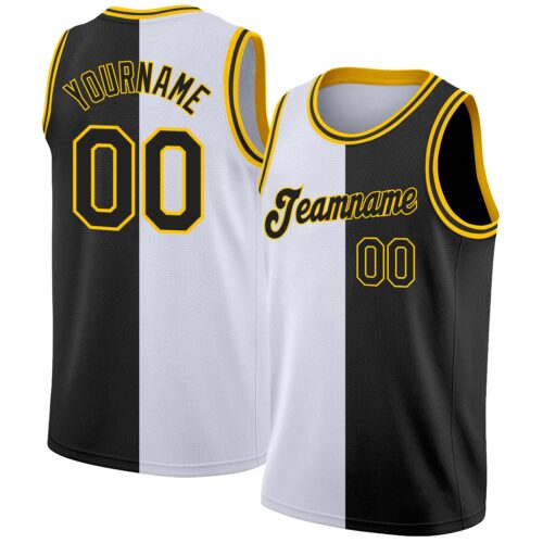 split_0048 Custom White Black-Gold Authentic Split Fashion Basketball Jersey