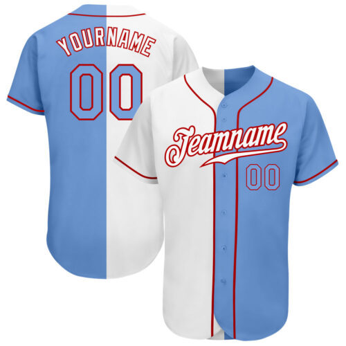 split_0062 Custom White Light Blue-Red Authentic Split Fashion Baseball Jersey