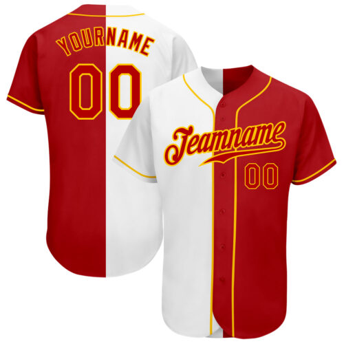 split_0066 Custom White Red-Gold Authentic Split Fashion Baseball Jersey