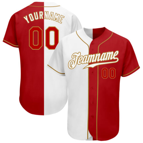 split_0067 Custom White Red-Old Gold Authentic Split Fashion Baseball Jersey