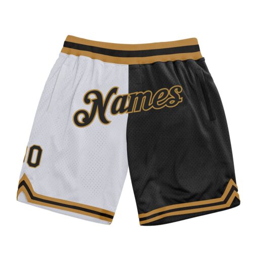 split_0164 Custom White Black-Old Gold Authentic Throwback Split Fashion Basketball Shorts