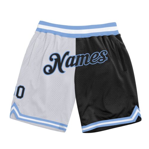 split_0166 Custom White Black-Light Blue Authentic Throwback Split Fashion Basketball Shorts