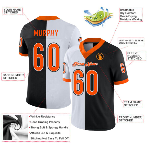 Custom Black Orange-White Split Fashion Football Jersey