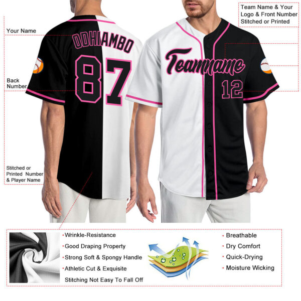 Custom White Black-Pink Authentic Split Fashion Baseball Jersey