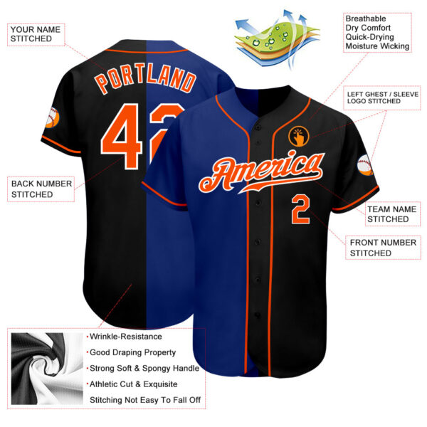 Custom Black Orange-Royal Authentic Split Fashion Baseball Jersey