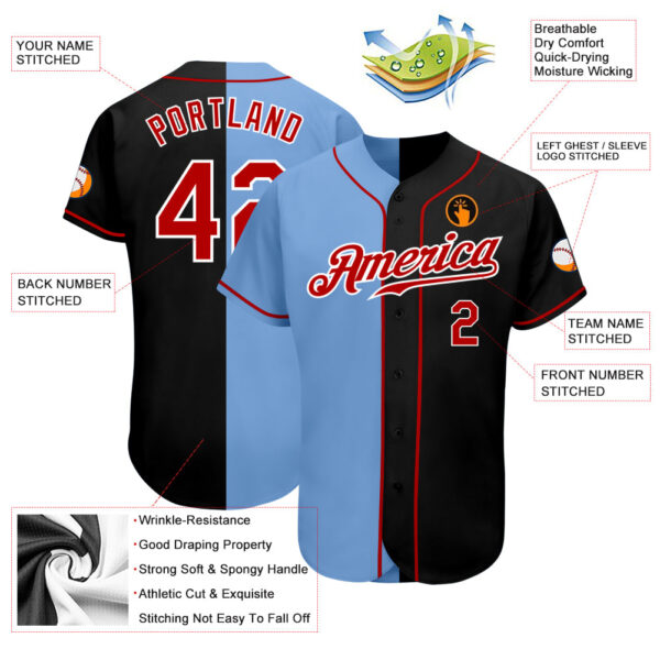 Custom Black Red-Light Blue Authentic Split Fashion Baseball Jersey
