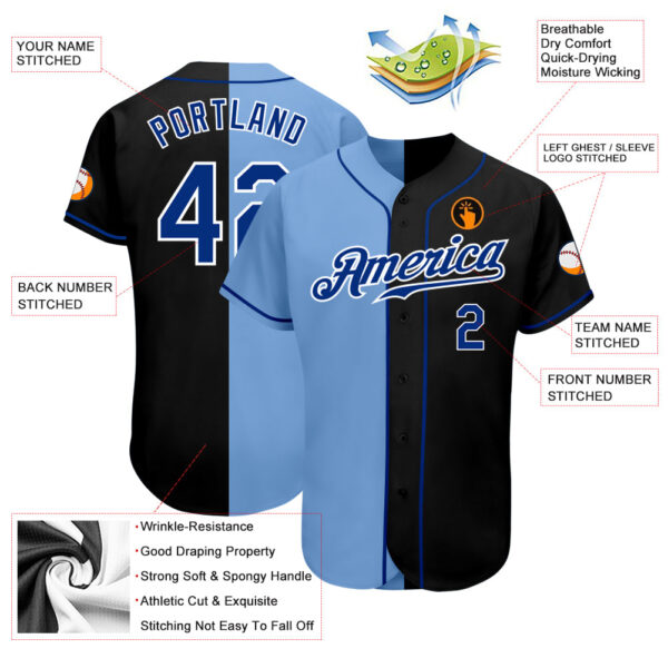 Custom Black Royal-Light Blue Authentic Split Fashion Baseball Jersey