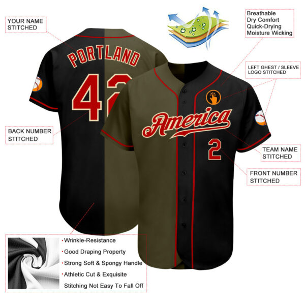 Custom Black Red-Olive Authentic Split Fashion Baseball Jersey