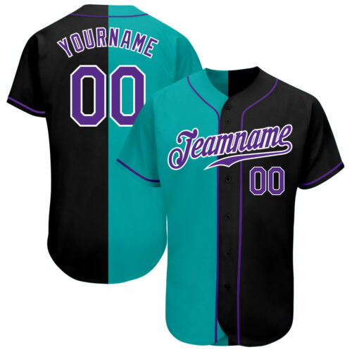 split_0308 Custom Black Purple-Aqua Authentic Split Fashion Baseball Jersey
