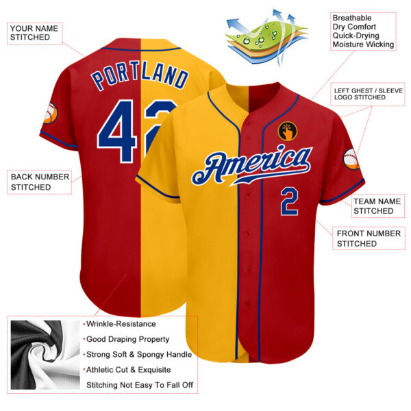 Custom Red Royal-Yellow Authentic Split Fashion Baseball Jersey