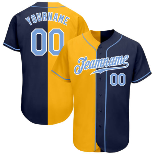 split_0322 Custom Navy Light Blue-Yellow Authentic Split Fashion Baseball Jersey