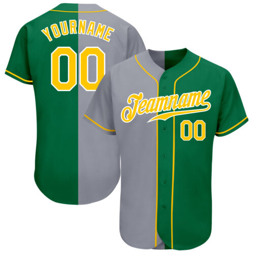 split_0335 Custom Kelly Green Gold-Gray Authentic Split Fashion Baseball Jersey