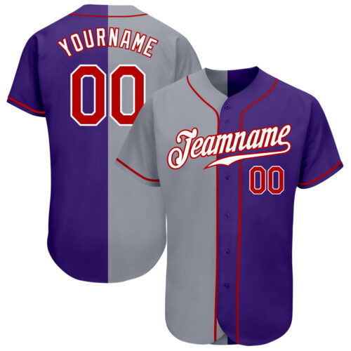 split_0343 Custom Purple Red-Gray Authentic Split Fashion Baseball Jersey