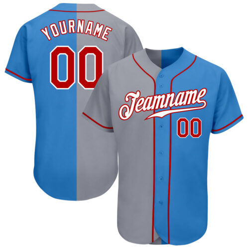 split_0349 Custom Powder Blue Red-Gray Authentic Split Fashion Baseball Jersey