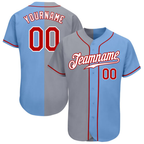 split_0354 Custom Light Blue Red-Gray Authentic Split Fashion Baseball Jersey