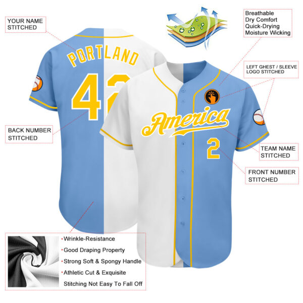 Custom Light Blue Gold-White Authentic Split Fashion Baseball Jersey
