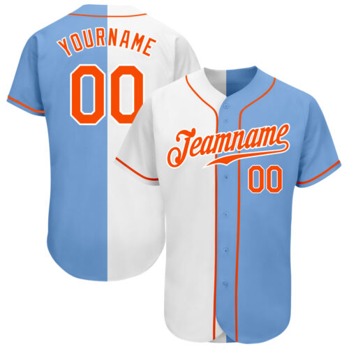 split_0356 Custom Light Blue Orange-White Authentic Split Fashion Baseball Jersey
