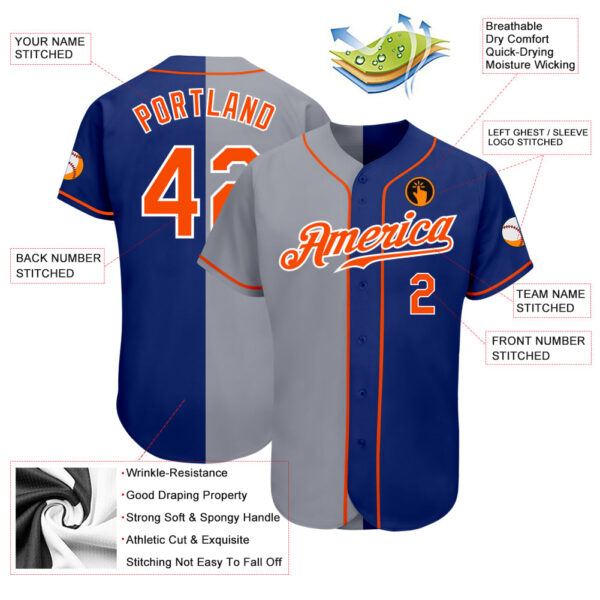 Custom Royal Orange-Gray Authentic Split Fashion Baseball Jersey