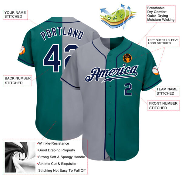 Custom Teal Navy-Gray Authentic Split Fashion Baseball Jersey