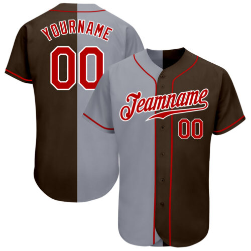 split_0374 Custom Brown Red-Gray Authentic Split Fashion Baseball Jersey