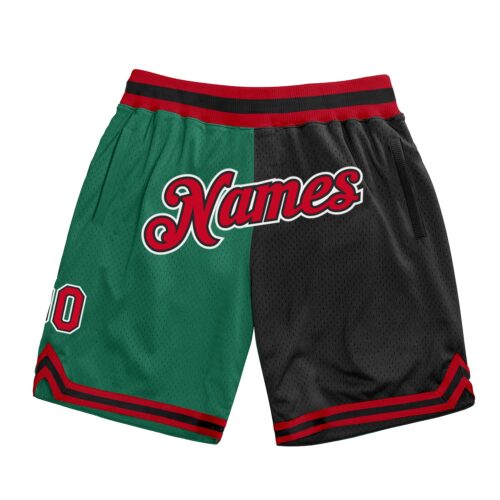 split_0435 Custom Kelly Green Red-Black Authentic Throwback Split Fashion Basketball Shorts
