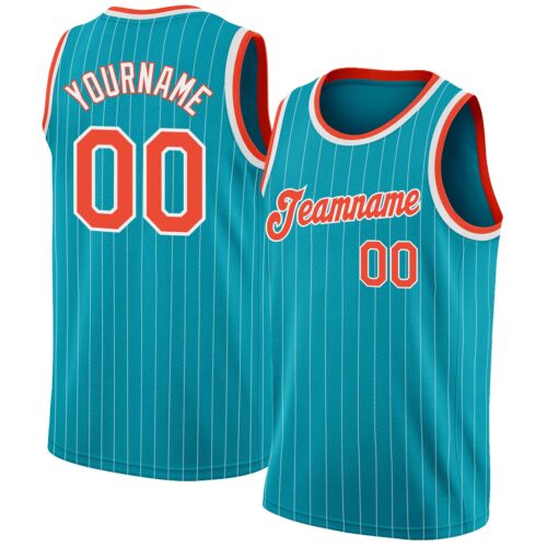 teal_0036 Custom Teal White Pinstripe Orange-White Authentic Basketball Jersey