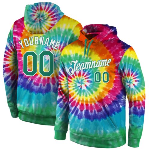 tie_dye0011 Custom Stitched Tie Dye Kelly Green-White 3D Pattern Design Sports Pullover Sweatshirt Hoodie