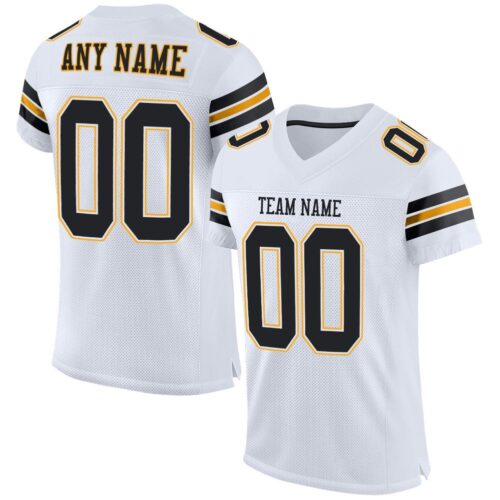 white_0004 Custom White Black-Gold Mesh Authentic Football Jersey
