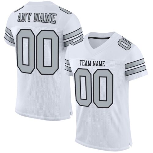 white_0032 Custom White Silver-Black Mesh Authentic Football Jersey