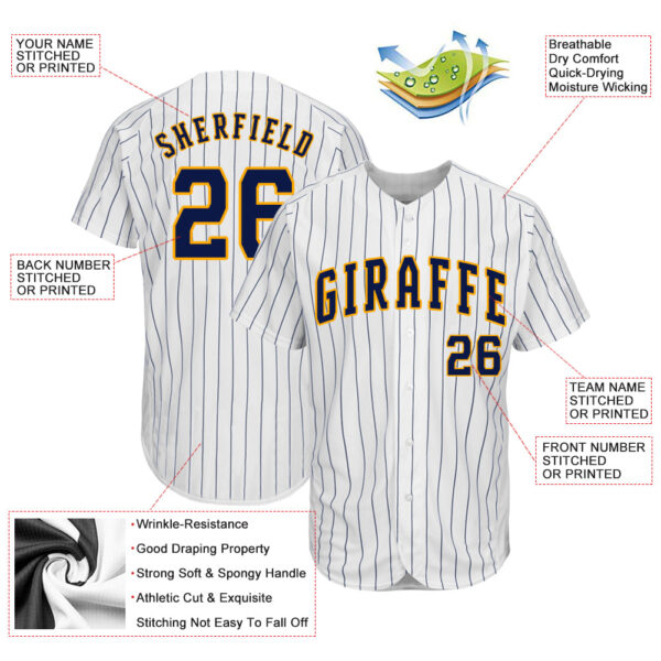Custom White Navy Pinstripe Navy-Gold Authentic Baseball Jersey