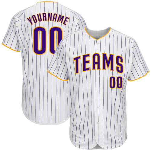 white_0175 Custom White Purple Pinstripe Purple-Gold Authentic Baseball Jersey