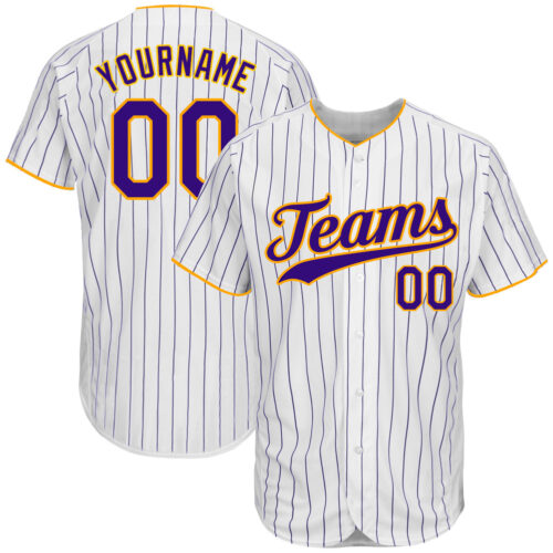 white_0177 Custom White Purple Pinstripe Purple-Gold Authentic Baseball Jersey