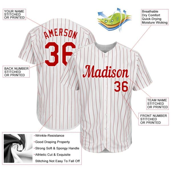 Custom White Red Pinstripe Red-White Authentic Baseball Jersey