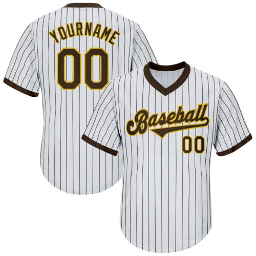 white_0255 Custom White Brown Pinstripe Brown-Gold Authentic Throwback Rib-Knit Baseball Jersey Shirt