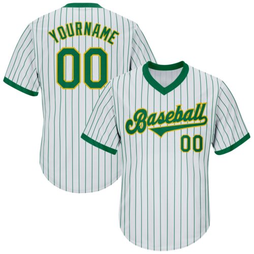 white_0256 Custom White Kelly Green Pinstripe Kelly Green-Gold Authentic Throwback Rib-Knit Baseball Jersey Shirt