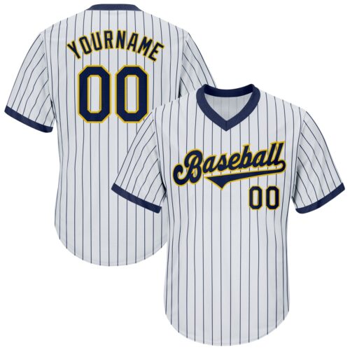 white_0257 Custom White Navy Pinstripe Navy-Gold Authentic Throwback Rib-Knit Baseball Jersey Shirt
