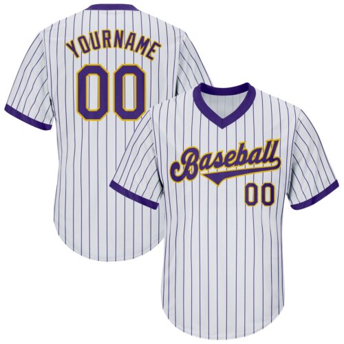 white_0258 Custom White Purple Pinstripe Purple-Gold Authentic Throwback Rib-Knit Baseball Jersey Shirt
