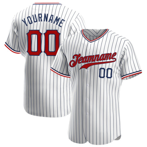 white_0407 Custom White Navy Pinstripe Red-Navy Authentic Baseball Jersey