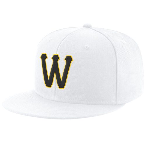 white_0506-1 Custom White Black-Gold Stitched Adjustable Snapback Hat