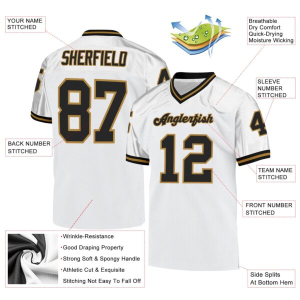 Custom White Black-Old Gold Mesh Authentic Throwback Football Jersey