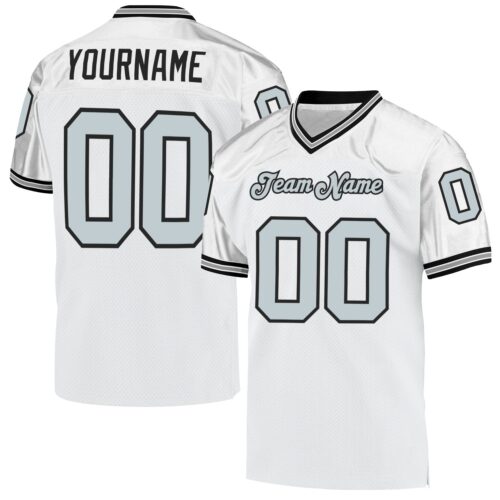 white_0517 Custom White Silver-Black Mesh Authentic Throwback Football Jersey