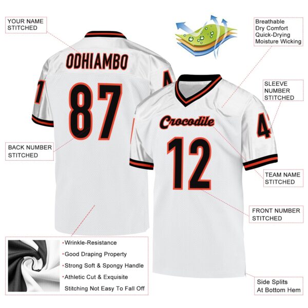 Custom White Black-Orange Mesh Authentic Throwback Football Jersey