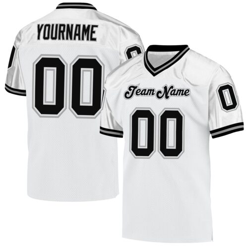 white_0531 Custom White Black-Gray Mesh Authentic Throwback Football Jersey