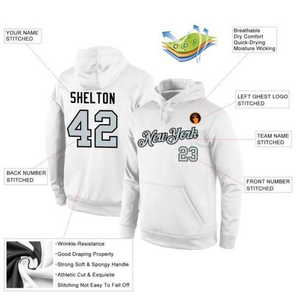 Custom Stitched White Silver-Black Sports Pullover Sweatshirt Hoodie