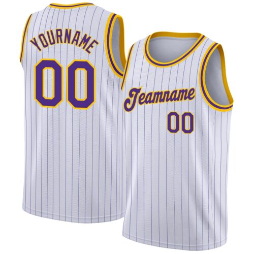 white_0571 Custom White Purple Pinstripe Purple-Gold Authentic Basketball Jersey