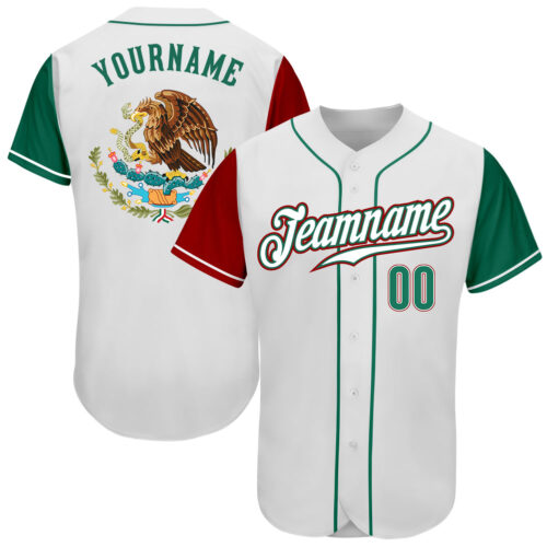 white_0611 Custom White Kelly Green-Red Authentic Mexico Two Tone Baseball Jersey