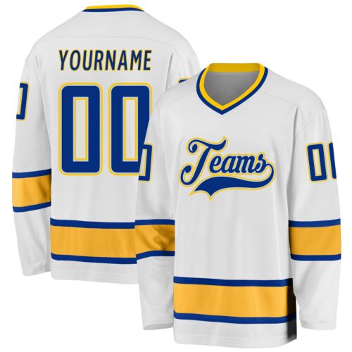white_0646 Custom White Royal-Gold Hockey Jersey