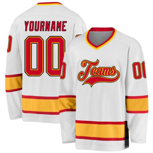 white_0647 Custom White Red-Gold Hockey Jersey